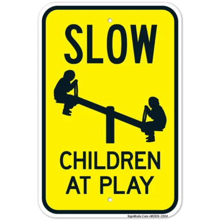 Slow Children At Play Sign With Kids In Swing Sign