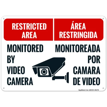 Restricted Area Monitored By Video Camera Bilingual Sign