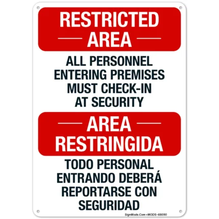 All Personnel Entering Premises Must CheckIn At Security Bilingual Sign