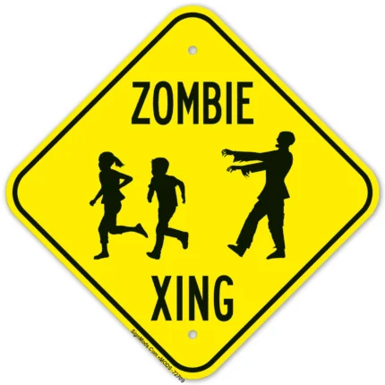 Zombie Crossing With Zombie And Kids Running Graphic Sign